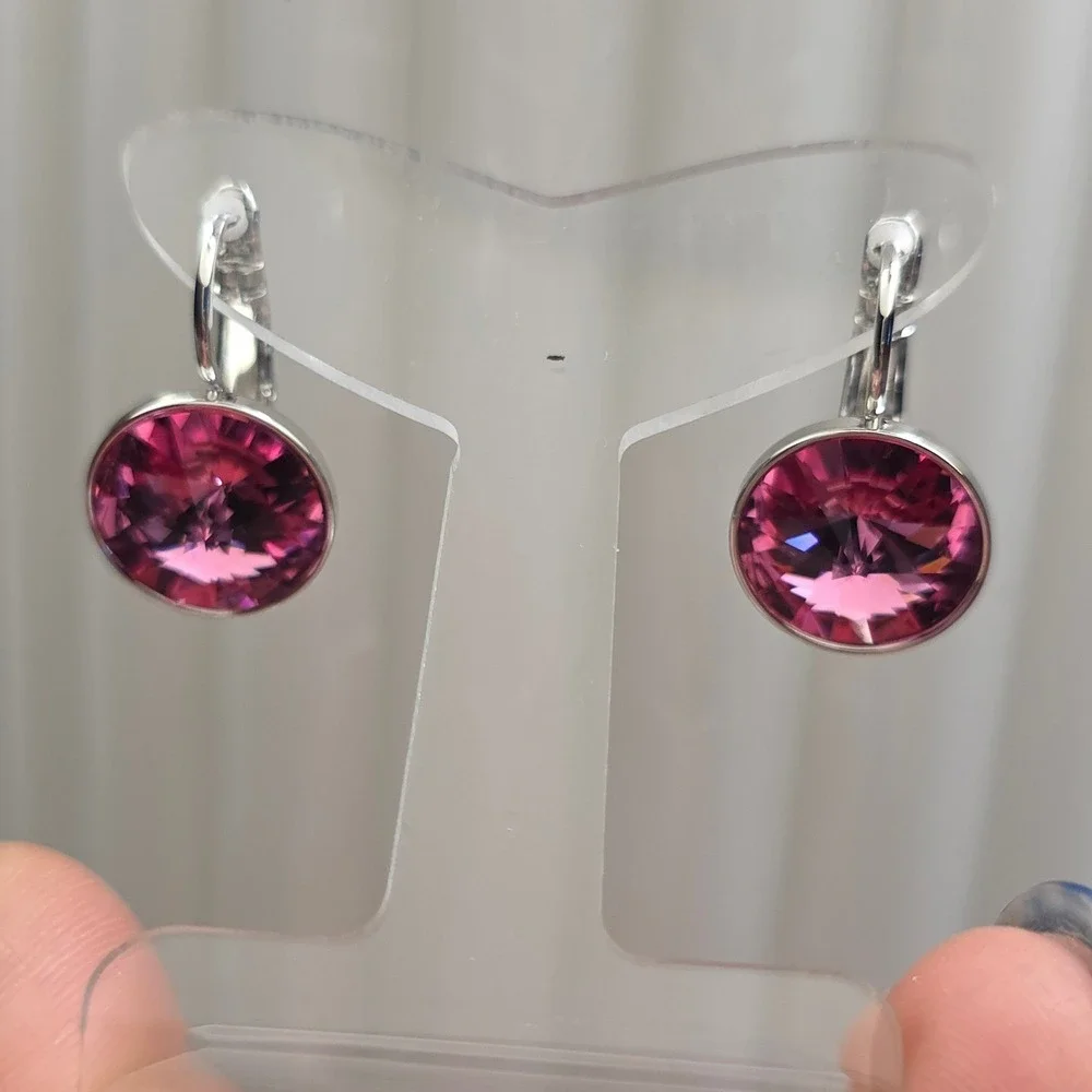 NEW Rose MedPink SwarovskiElements Crystal LeverbackEarrings13mmPlatinum Plated!